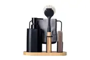 4pc Vigar Vintage Bamboo Wood Sink Caddy Brush Soap Dispenser Set Black Natural