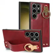 For Samsung Galaxy S23 Ultra Wristband Kickstand Leather Coating Phone Cover Case with Neck Strap