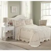 BEAUTIFUL XXX-L IVORY WHITE GREEN LEAF PINK ROMANTIC ROSE VINE BEDSPREAD QUILT