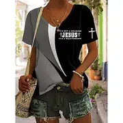 Women's T Shirt Graphic Letter Geometry Vintage Stylish Classic Short Sleeve V Neck Regular Tops Daily Print Blue Purple Green Khaki Gray Summer Spring
