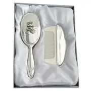 Baby Soft Hair Brush & Comb Set Bear Design Silver Plated Child Hair Care