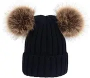 [Healeved] Knitted Hat with Fluffy Balls Warm Earflap Design for Years Stylish Accessory for Boys Cozy Woolen Cap Black