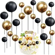 86pcs Mini Balloon Cake Topper, Cupcake Toppers Foam Ball, Round Pearl DIY Cake Picks Insert Topper for Anniversary Graduation Birthday Party Baby Shower (Gold, Black)