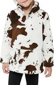 [EARKOHA] Girls Cow Print Pullover Quarter-Zip Sherpa Fleece Jackets Casual Fuzzy Outwear Coat with Pockets