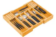 Bamboo Expandable Cutlery Organizer Tray For Silverware, Flatware, Utensils, Cutlery