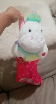 3D Plush 21” Rainbow Unicorn Musical Christmas Stocking Lights/Plays 3 Songs New