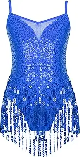 [Sxiwei] Kids Girls Sequin Tassel Jazz Latin Dance Dress Sleeveless Tango Rumba Samba Salsa Dance Costume