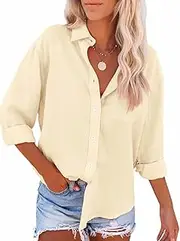 [Paintcolors] Womens Button Down Shirts Long Sleeve Dressy Casual Blouses Button Up Collared Shirts Tops for women, Khaki, Large
