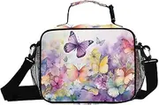 Purple Yellow Butterflies Insulated Lunch Box for Women Men - Ideal for Work, Picnics - Includes Adjustable Shoulder Strap