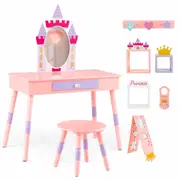 Costway Vanity Table & Stool Set Makeup Dressing Table w/Drawer & Mirror Castle Pink