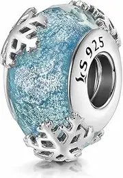 [MATERIA by Matthias Wagner] #26 Snow Glass Bead Blue with Snowflakes for Bracelet, Glass Sterling Silver