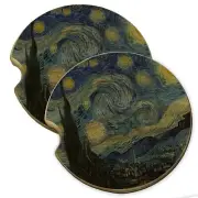 Van Gogh Starry Night Wood Car Coaster Gift Set fit Car & Truck Cup Holder