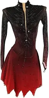 [JRUIA] Girls' Professional Figure Ice Skating Dress Black Red Halo Dyeing Gymnastics Competition Wear Asymmetric Hem