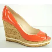 Prada Pink Patent Platform Wedge Heel Espadrille Peep Pumps Size 39.5 NIB $790