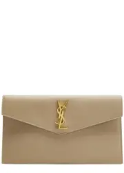 Saint Laurent Uptown Pebbled Leather Pouch, Leather Bag, Beige One Size