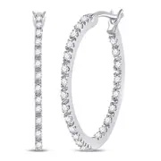 14k White Gold Round Diamond Slender Single Row Hoop Earrings 1/4 Cttw