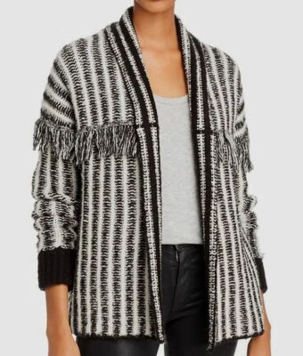 $198 Aqua Women's Black White Fringe Rib-Trim Knit Open-Front Cardigan Sweater L