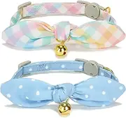 Soft Cotton Cat Collar with Removeable Hand-Tied Bowtie,Pack of 2 Kitty Collars with Safety Quick Release Buckle and Bell,Blue Dot,Colorful Grid Patterns