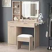 ALFORDSON Dressing Table Chair Set with LED Mirror, Open Shelves and Drawers, Makeup Organiser Vanity Desk with Flipable Countertop, Wood Color