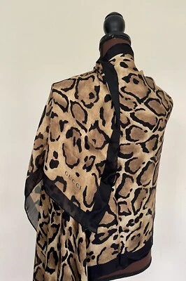 New Gucci Unisex Scarf Logo Animal Print Black Beige Stole Silk Chiffon Wrap