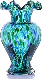 Teal Blown Glass Vase - Unique Green Glass Art Decor, Opaque Vase for Home Decor, Dining Table Centerpiece, Living Room, Entryway, Kitchen