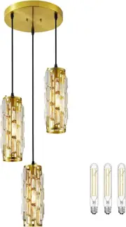 Pendant 3 Light Chandelier Adjustable Length Crystal Ceiling Fixture Brush Brass