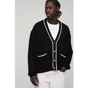 Mens Black Oversized Boxy Knitted Cardigan With Tipping