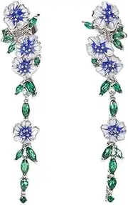 [Generic] Elegant Blue Flower Long Dangle Drop Earrings for Women Green Leaf Flowers Stud Dangling Hanging Lightweight Hypoallergenic Fashion Jewelry Earrings