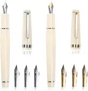 2Pcs Fountain Pen Set with Gift Case, Ivory White Fountain Pen Fine Nib with Converter, Resin Calligraphy Pen set with 6 Gold Silver Trim Replacement Pen Nibs for Writing Supplies, Man, Woman