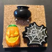 Set of 3 Halloween Spiderweb, Pumpkin and Cauldron Corkboard Push Pins Handmade