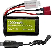 7.4V 1000mAh 2S Li-ion Battery with T Plug and USB Charging Cable Suitable for YC100 HM161 HM162 HM166 HM201 9145 1:20 RC Truck RC Car HBX X03 Remote Control Ship Battery