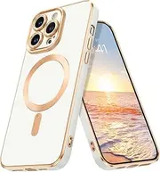 DUEDUE Magnetic Case for iPhone 14 Pro Max Case 6.7", Luxury Plating with Full Camera Cover Protection, Compatible with MagSafe Wireless Charging, Slim iPhone 14 Pro Max Case for Women Girls, White