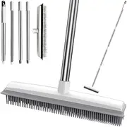 Pet Hair Removal Rubber Broom with Squeegee Edge, WINOK 2 in 1 Floor Brush for Fluff Carpet, 62 inch Adjustable Handle Silicone Scraper Sweeper for Hardwood Floor Dusting Glass Wiper Tile