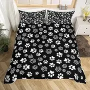 Manfei Dog Paw Print Duvet Cover Set Queen Size, Black and White Animal Footprint Bedding Set for Kids Boys Girls, Animal Theme Comforter Cover, Soft Polyester Quilt Cover,2 Pillowcases,No Comforter