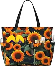 [Ghjkfbf] Orange Sunflower Print Large Capacity Beach Travel Bag For Family, Beach Tote Bag For Women With Zipper Pockets, Black, One Size