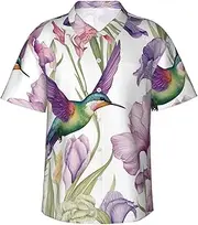 [BWLHJKE] Mens Hawaiian Shirts Hummingbirds Irises Flowers Short Sleeve Summer Button Down Beach Shirts Vacation Tropical Tops