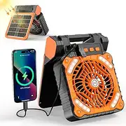 KITWLEMEN Solar Camping Fan with Lantern, Rechargeable Battery Operated Fan with 8H Timer & 4 Speeds, 90° Adjustable Portable Desk Fan for Camping, Power Outage, Outdoor (Orange)