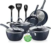 Nutrichef NCCW11DS Nonstick Cookware Excilon Home Kitchen Ware Pots & Pan Set with Saucepan Frying Pans, Cooking Pots, Lids, Utensil PTFE/PFOA/PFOS Free, 11 Pcs, Blue Diamond