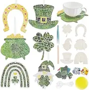WEBEEDY 6 Sets St. Patricks Mosaic Tiles Kit with Wooden Bases Green Clover Hat Gnome Glass Mosaic Tiles for Coaster Hanging Ornaments Mosaic Kit for St Patricks Day Decor, Wall Hanging, Unique Gift