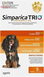 Simparica Trio Flea Tick & Worm Chews for Dogs 5.1-10kg - 6 Pack Orange