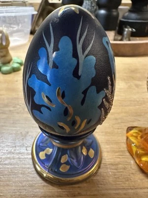 FENTON hand painted Ltd Ed Collectible EGG iridescent blue dolphins signed