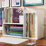 Hbluefat Small Desktop Bookcase Organizer, Wood Desk Storage Bookshelf Display Shelf/Rack for Home Office (White)