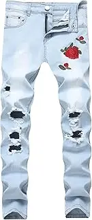 [Zylphorix] Men Casual Printed Wash Ripped Jeans Stretch Mid Wasited Denim Pants with Holes Y2K Classic Distressed Trousers, Light Blue, 36