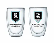 Adelaide Port Power AFL Set of 2 Double Wall Glasses Tea Coffee Spirits
