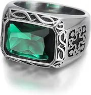 [pickyegg.com] Mens Stainless Steel Viking Cross Green Gemstone Ring Size 7-13