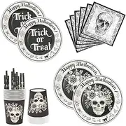 Halloween Tableware Set, 10 Sets Skull Halloween Table Decoration, Includes Halloween Paper Plates, Paper Cups, Halloween Napkins, Halloween Straws, for Halloween Party Decoration