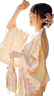 [Leunsyoukin] Japanese Yukata Kimono 5Pcs Floral Print Robe with Folding Fans Socks Hairstick Simple girdle Robe Costume Set