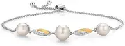 [Gem Stone King] 925 Sterling Silver and 10K Yellow Gold Cultured Freshwater Pearl and White Lab Grown Diamond Tennis Bracelet for Women (Round 6-7.5MM Pearls, Adjustable Up to 9.25 Inch), Metal Gemstone, lab-grown-diamond