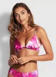 Seafolly NWT Twist Front Tri Bra Bikini Top Sangria Pink White Tie Dye Size 2