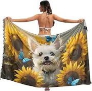 [XYMZR] Maltese Dog Sunflower Women's Sarong Swimsuit Coverups Chiffon Bikini Wraps Skirt with Tassels L